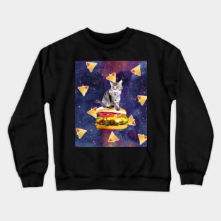 Space Kitty Cat Riding Burger With Nachos Crewneck Sweatshirt